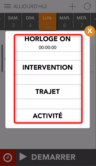 Menu principal des activités disponibles